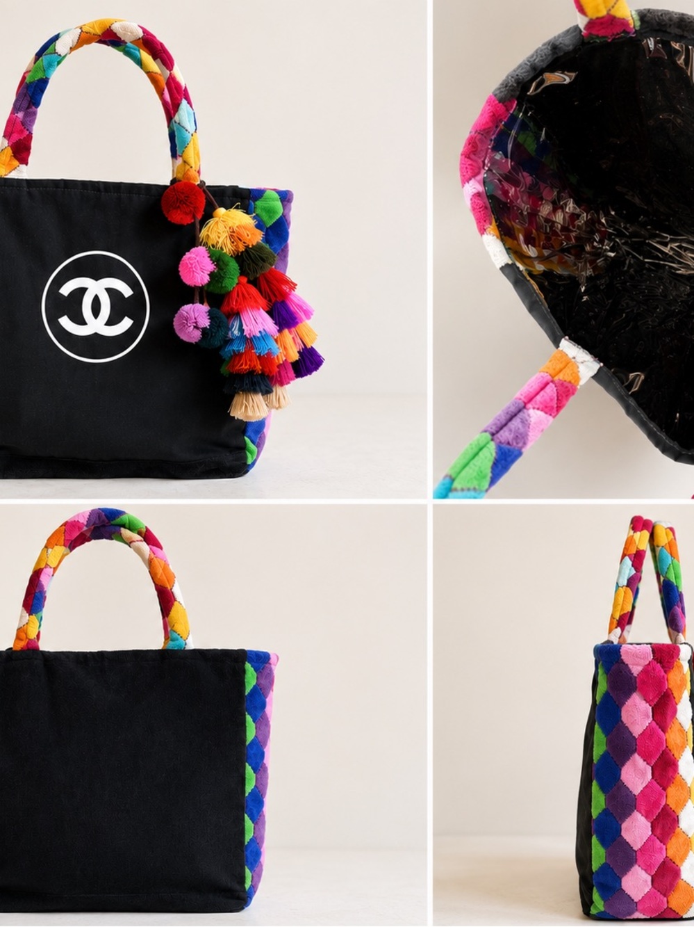 Buy The Bag CHANEL Black Canvas Tote with Rainbow Quilted Trim and Tassel Charm
